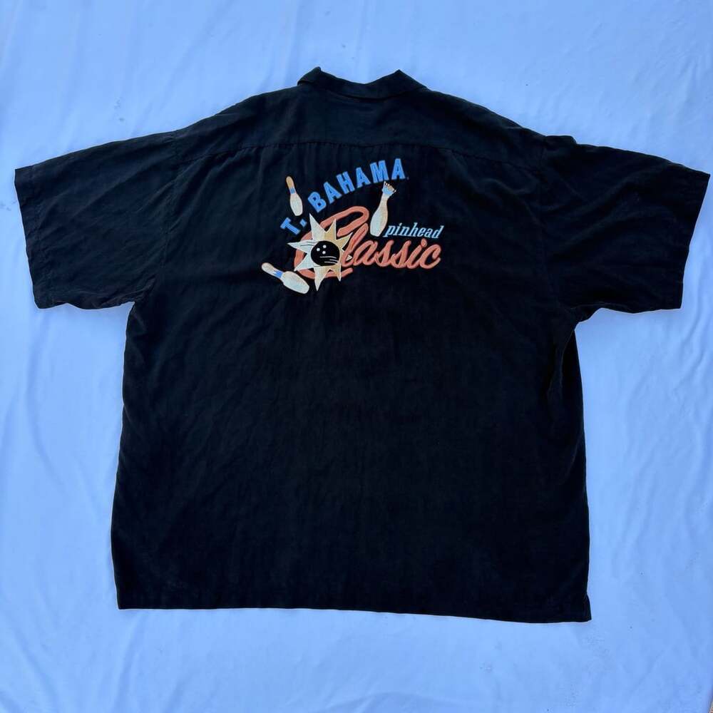 Tommy Bahama Pinhead Classic Embroidered Black Silk Camp Shirt